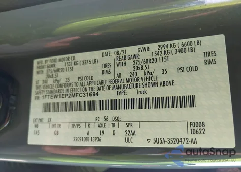 2021 Ford F-150 Xl z USA, uszkodzony, nr VIN 1FTEW1EP2MFC31694